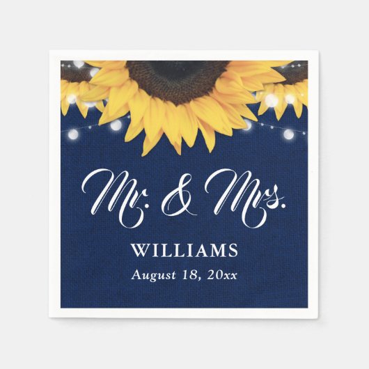 Navy Blue Burlap String Lights Sunflower Wedding スタンダードカクテルナプキン (正面)