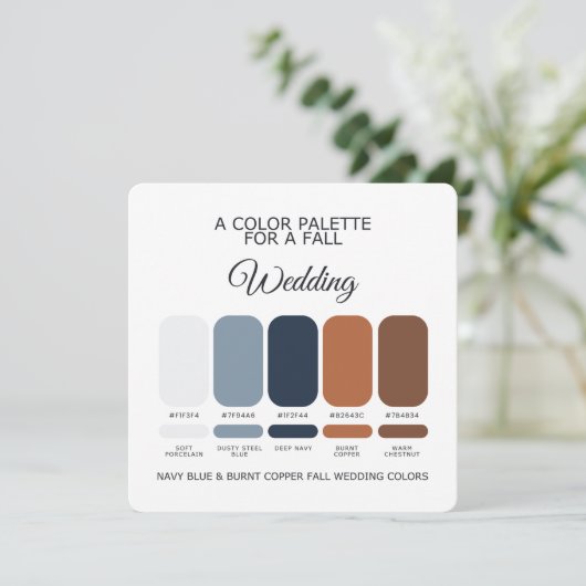 Navy Blue Burnt Copper Fall Wedding Palette Card 招待状 (スタンド正面)
