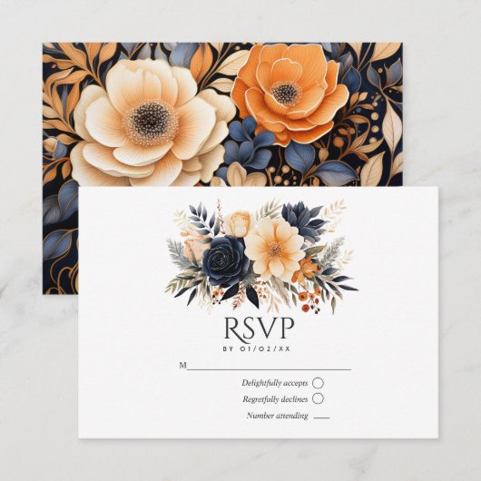 Navy Blue, Burnt Orange & Champagne Floral Wedding 出欠カード (正面/裏面)