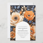 Navy Blue, Burnt Orange & Champagne Floral Wedding 招待状 (正面)