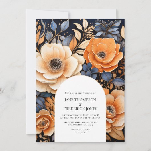 Navy Blue, Burnt Orange & Champagne Floral Wedding 招待状 (正面)