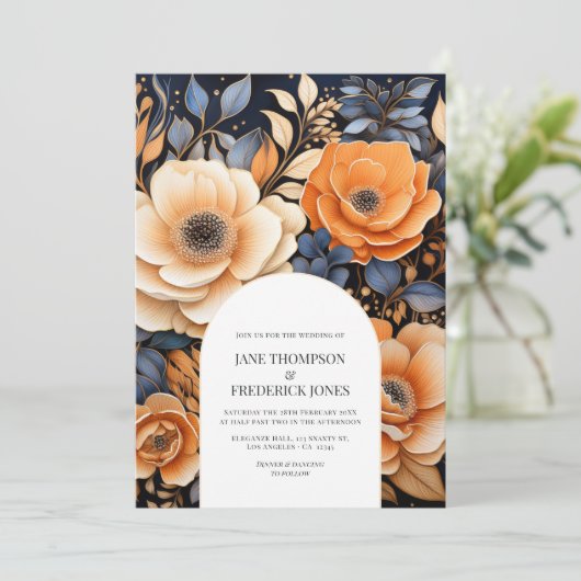 Navy Blue, Burnt Orange & Champagne Floral Wedding 招待状 (スタンド正面)