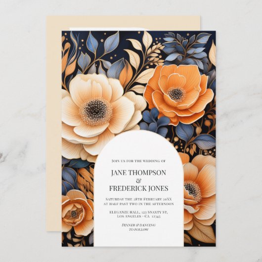 Navy Blue, Burnt Orange & Champagne Floral Wedding 招待状 (正面/裏面)