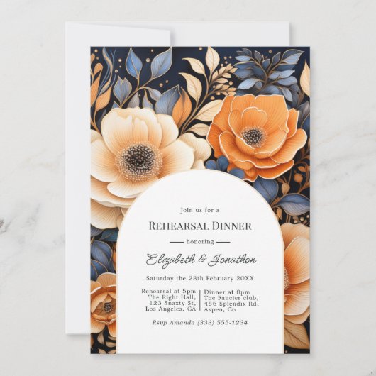 Navy Blue Burnt Orange Champagne Rehearsal Dinner 招待状 (正面)