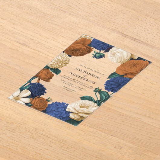 Navy Blue, Burnt Orange & Champagne Wedding アクリル招待状 (レイダウン)