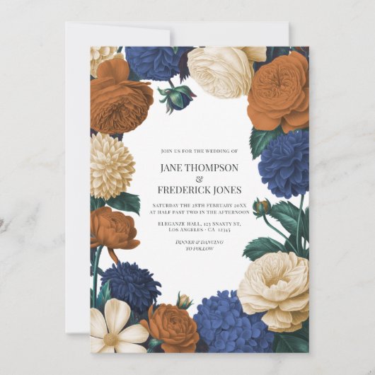 Navy Blue, Burnt Orange & Champagne Wedding 招待状 (正面)