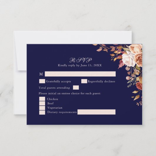 Navy Blue Burnt Orange Floral Wedding RSVP Card (正面)