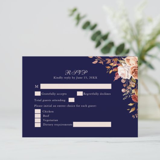 Navy Blue Burnt Orange Floral Wedding RSVP Card (スタンド正面)