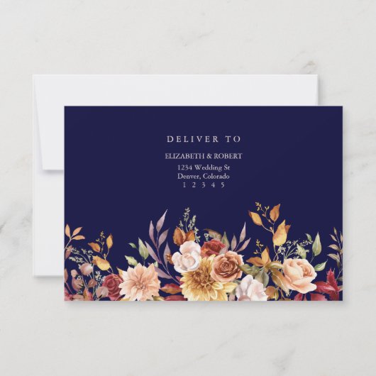 Navy Blue Burnt Orange Floral Wedding RSVP Card (裏面)