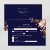 Navy Blue Burnt Orange Floral Wedding RSVP Card (正面/裏面)