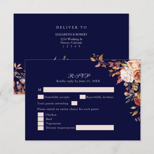 Navy Blue Burnt Orange Floral Wedding RSVP Card (正面/裏面)