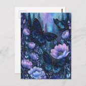 Navy Blue Butterfly in Pine Forest Night Sky ポストカード (正面/裏面)