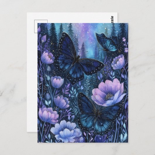 Navy Blue Butterfly in Pine Forest Night Sky ポストカード (正面/裏面)