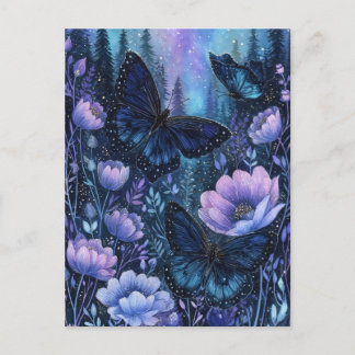 Navy Blue Butterfly in Pine Forest Night Sky ポストカード