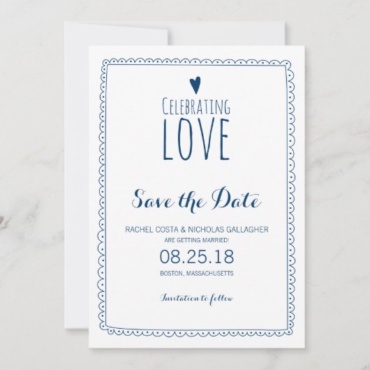 Navy Blue Celebrating Love Wedding Save the Date セーブザデート (正面)
