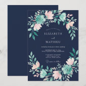 Navy Blue Charming Floral Wedding 招待状 (正面/裏面)
