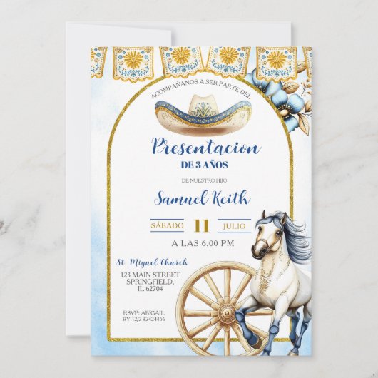 Navy Blue  Charro Presentacion de 3 anos Invitatio 招待状 (正面)