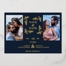 Navy Blue Chic Trendy Collage Wedding 2 Photos 箔招待状