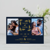 Navy Blue Chic Trendy Collage Wedding 2 Photos 箔招待状 (立ち正面)