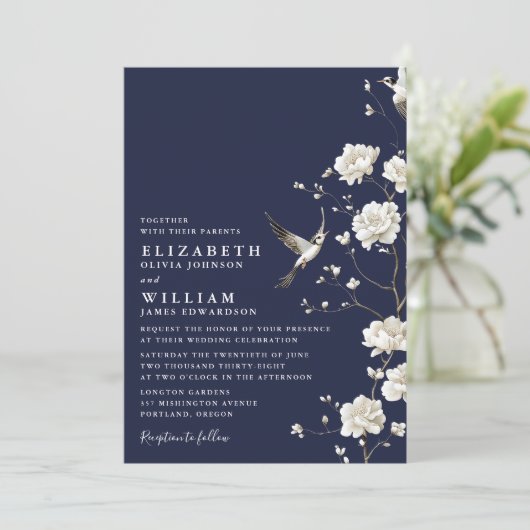 Navy Blue Chinoiserie Floral All In One Wedding 招待状 (スタンド正面)