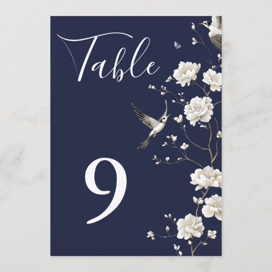 Navy Blue Chinoiserie Floral Garden Table Numbers 招待状 (裏面)
