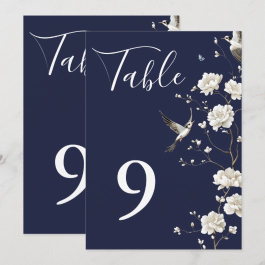 Navy Blue Chinoiserie Floral Garden Table Numbers 招待状 (正面/裏面)