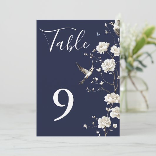 Navy Blue Chinoiserie Floral Garden Table Numbers 招待状 (スタンド正面)