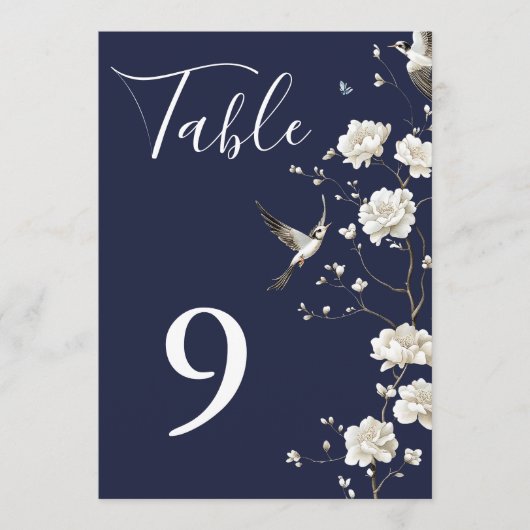 Navy Blue Chinoiserie Floral Garden Table Numbers 招待状 (正面)