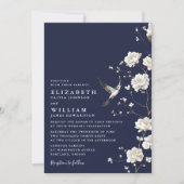 Navy Blue Chinoiserie Floral Garden Wedding Photo 招待状 (正面)