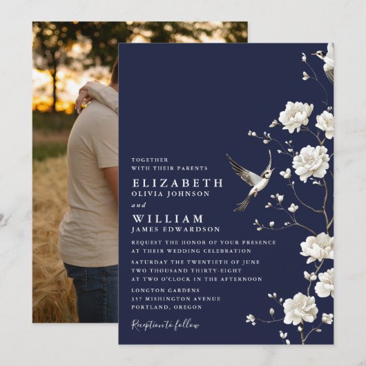 Navy Blue Chinoiserie Floral Garden Wedding Photo 招待状 (正面/裏面)