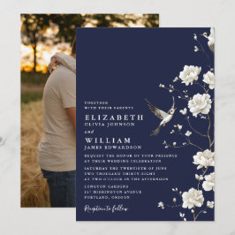 Navy Blue Chinoiserie Floral Garden Wedding Photo 招待状
