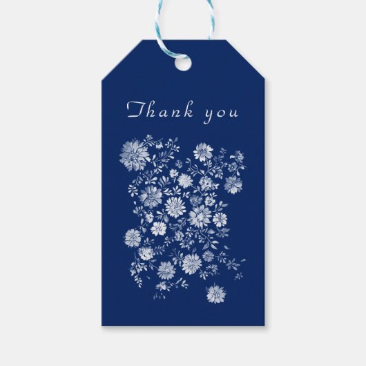 Navy Blue Chinoiserie Floral Wedding Thank You ギフトタグ (正面)