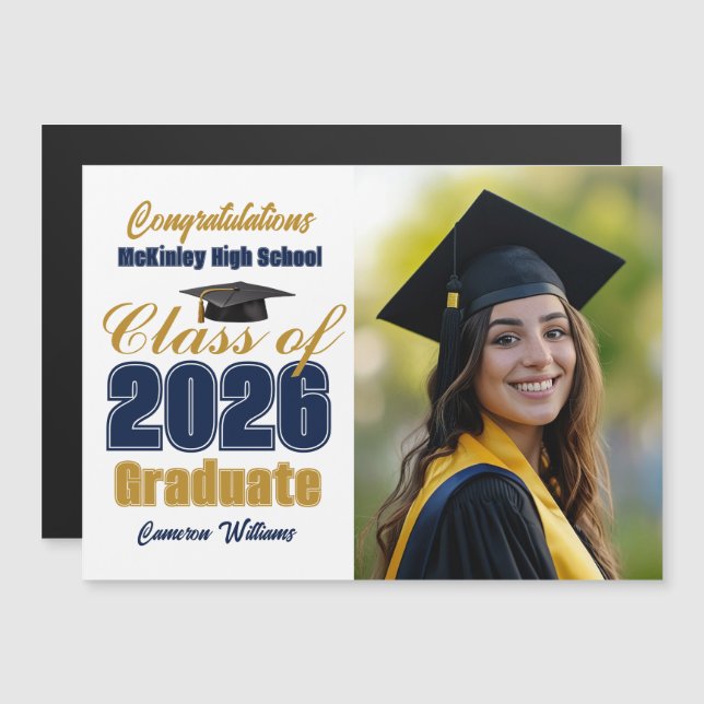 Navy Blue Class of 2026 Graduation Photo Magnet (正面/裏面)