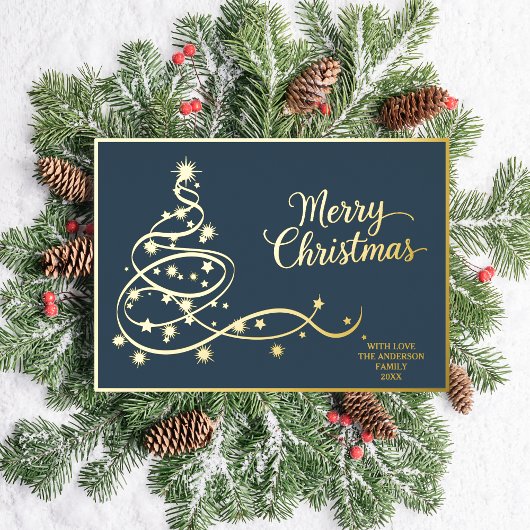 Navy Blue Classic Christmas Card Gold Tree & Photo 箔シーズンカード