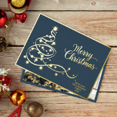 Navy Blue Classic Christmas Card Gold Tree & Photo 箔シーズンカード