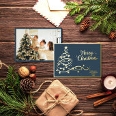 Navy Blue Classic Christmas Card Gold Tree & Photo 箔シーズンカード