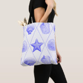 Navy Blue Coastal Seashells Starfish トートバッグ (クローズアップ)