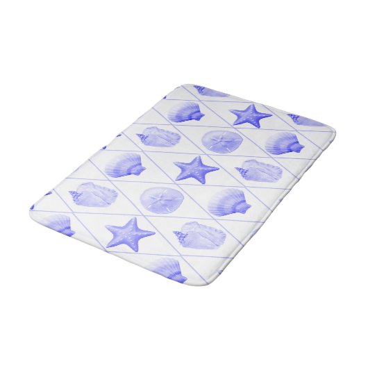 Navy Blue Coastal Seashells Starfish バスマット (アングル)