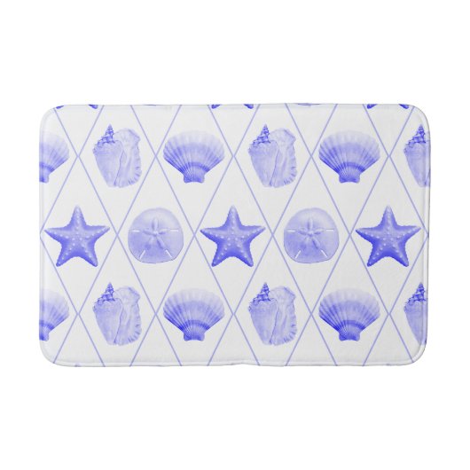 Navy Blue Coastal Seashells Starfish バスマット (正面)