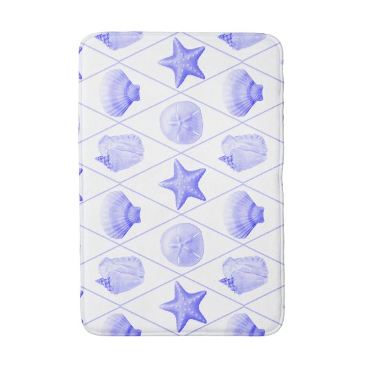 Navy Blue Coastal Seashells Starfish バスマット (正面縦)