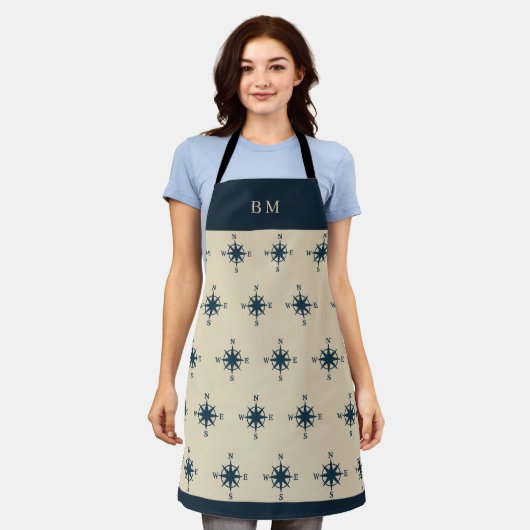 navy blue compass & Monogram Beige Coastal home エプロン (着用した状態)