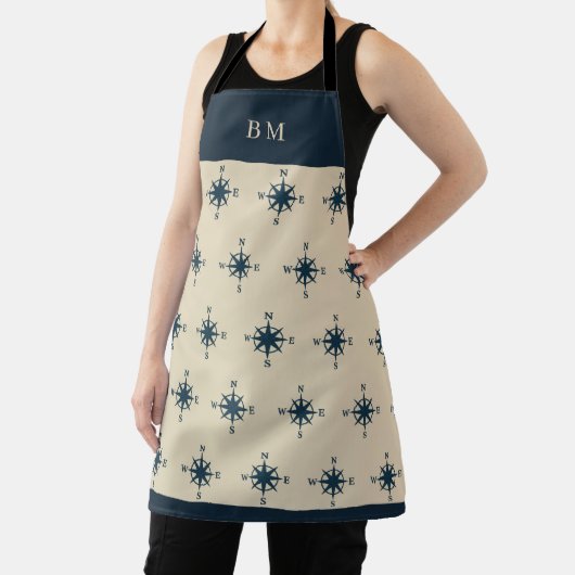 navy blue compass & Monogram Beige Coastal home エプロン (インサイチュ)