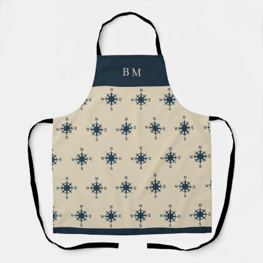 navy blue compass & Monogram Beige Coastal home エプロン (正面)