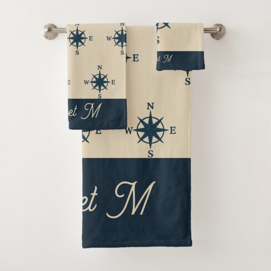 navy blue compass & Monogram Beige Coastal home バスタオルセット (インサイチュ)