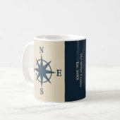 navy blue compass on beige & Family Name Year コーヒーマグカップ (正面左)