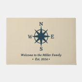 navy blue compass on beige & welcome Family Name ドアマット (正面)