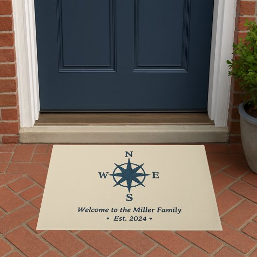 navy blue compass on beige & welcome Family Name ドアマット