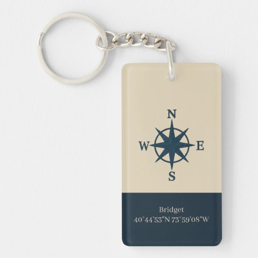 navy blue compass with Name and Coordinates キーホルダー (正面)