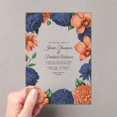 Navy Blue & Coral Modern Botanical Wedding アクリル招待状 (インサイチュ (ポータブル))