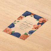 Navy Blue & Coral Modern Botanical Wedding アクリル招待状 (レイダウン)